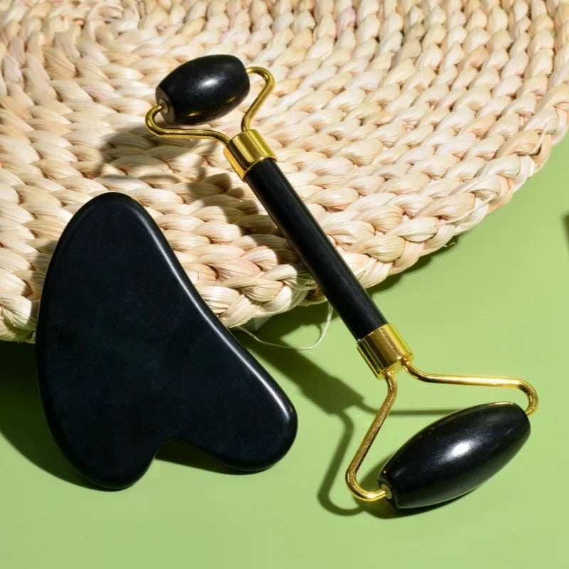 Natural Black Jade Facial massager, guasha scraper, double head roller, skin care and massage for the face