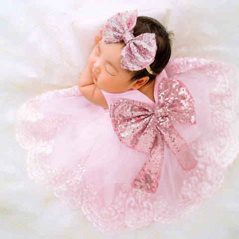 ILLMINIQUE ™ Newborn Photography Outfits Girl  With Big Bow Lace Dress